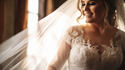 Fototapeta premium A radiant plus-size bride glowing in her stunning wedding gown, 