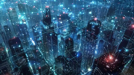 Fototapeta premium Illuminated cityscape intertwined with digital networks