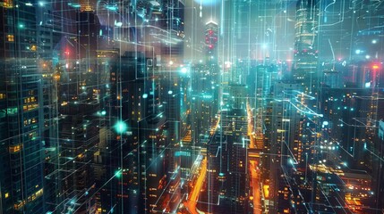 Fototapeta premium Illuminated cityscape intertwined with digital networks