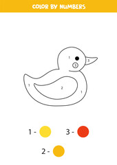 Color cartoon rubber duck by numbers. Worksheet for kids.