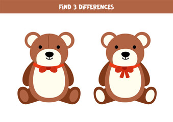 Find 3 differences between two cute cartoon brown teddy bears.