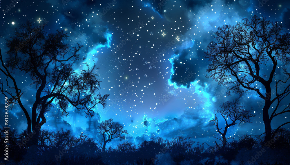 Poster a dark sky with a few trees and a few stars by ai generated image