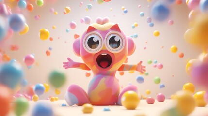 Fototapeta premium A cute and colorful 3D rendered image of a cat surrounded by pastel-colored balls. The cat has its mouth open in an expression of surprise.