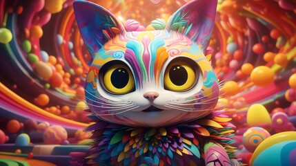Naklejka premium A digital painting of a cat wearing a rainbow-colored wig and a tutu, with big anime eyes