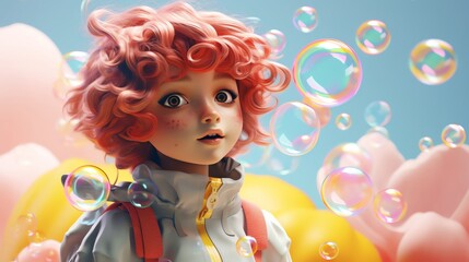 Fototapeta premium Little girl with pink curly hair looking at floating bubbles with wonder in her eyes.