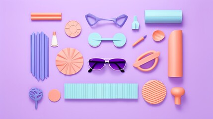 Purple background with an array of colorful 3D shapes and objects including sunglasses.
