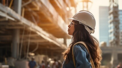 Construction worker wearing a helmet at a building site