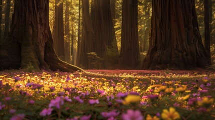 W lesie pełnym drzew i kwiatów w Kalifornii można zobaczyć niesamowity widok na starożytny las sekwoi - obrazy, fototapety, plakaty