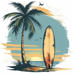 This is a beautiful painting of a surfboard and palm tree
