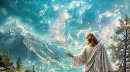 Na obrazie widzimy postać Jezusa stojącego w otoczeniu pustynnej krainy o nieziemskiej urodzie