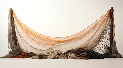 The image shows a large fishing net with a hole in the middle. The net is made of brown and orange rope.
