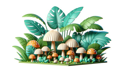 Mushrooms with Tropical Leaves in Wide Aspect Cartoon Clip Art