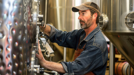 Winemaker working in a modern winery while adjusting equipment in a stainless steel fermentation room.