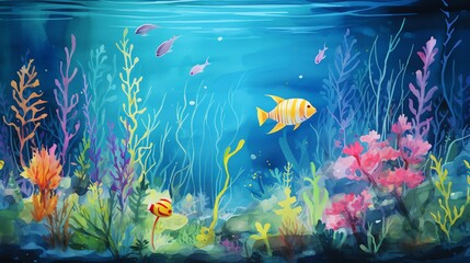 Underwater world. Bright tropical fishes among seaweed and corals.