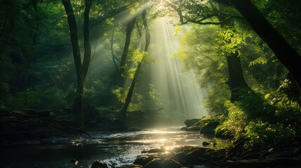 A vibrant sunbeam streaming through a dense forest canopy,