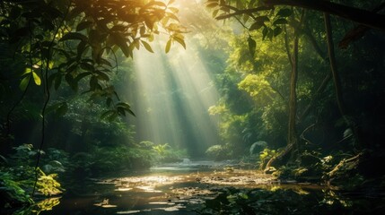 A vibrant sunbeam streaming through a dense forest canopy,