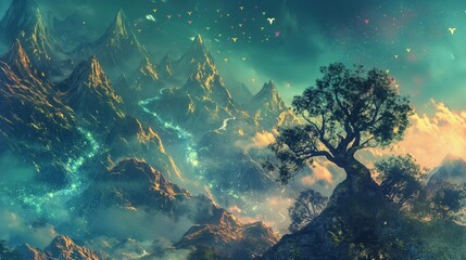 Malowidło przedstawia drzewo rosnące pośrodku góry, otoczone przez piękny krajobraz górski. W tle widać niesamowity widok