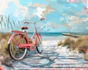 The red bicycle stands on the wooden path by the sea.