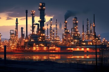 Oil refinery at night with bright lights and smoke coming out of the smokestacks.