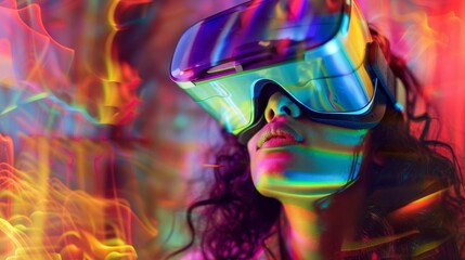 Woman experiencing a colorful virtual reality world