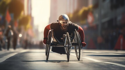 A wheelchair athlete crossing the finish line of a marathon, 