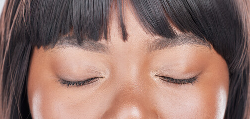 Eyes closed, woman and beauty with eyebrow lamination, epilation and skincare in a studio....