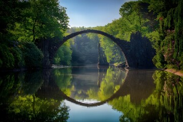 1. A serene bridge over a river surrounded by lush trees and flowing water.
