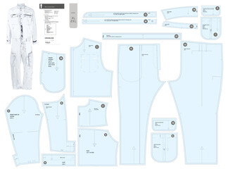 Detailed vector sewing pattern for a men jumpsuit, sizes XL to 2XL. Features collar-stand, two-piece sleeves, cuffs, button placket, and multiple pocket styles. Includes all allowances.