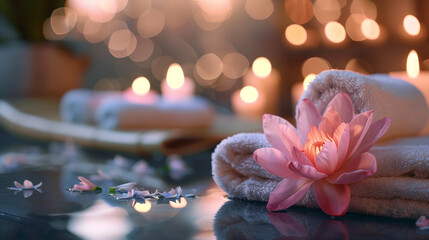 Pink flower and towel resting on table, copy space