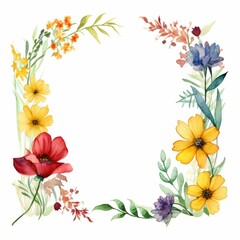 Fototapeta premium wildflower themed frame or border for photos and text. featuring a mix of colorful blooms and greenery. watercolor illustration, Botanical illustration for design, print or background.