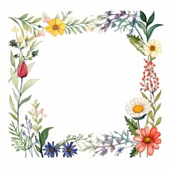 wildflower themed frame or border for photos and text. featuring a mix of colorful blooms and greenery. watercolor illustration, Botanical illustration for design, print or background.