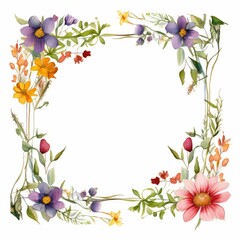 wildflower themed frame or border for photos and text. featuring a mix of colorful blooms and greenery. watercolor illustration, Botanical illustration for design, print or background.
