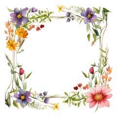 Obraz premium wildflower themed frame or border for photos and text. featuring a mix of colorful blooms and greenery. watercolor illustration, Botanical illustration for design, print or background.