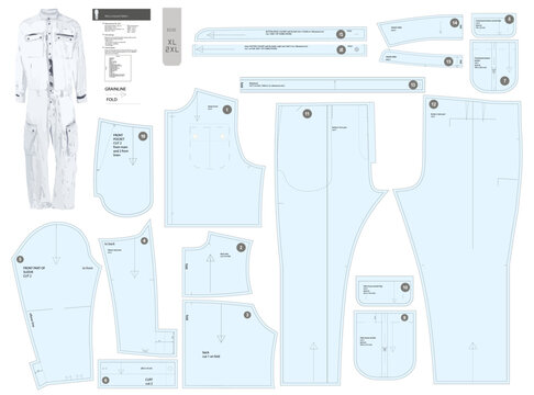 Detailed vector sewing pattern for a men jumpsuit, sizes XL to 2XL. Features collar-stand, two-piece sleeves, cuffs, button placket, and multiple pocket styles. Includes all allowances.