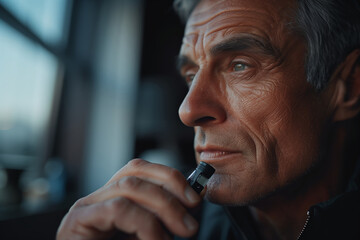 A pensive middle-aged man holding an electronic cigarette and looking away through the window