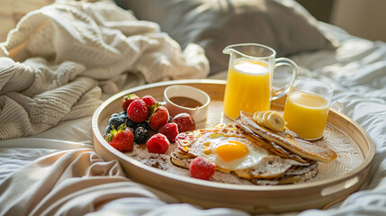 Tray with delicious breakfast on bed