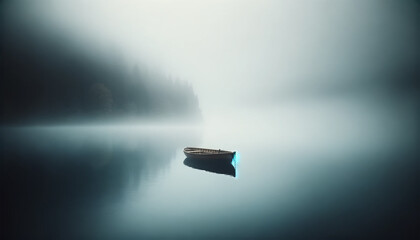 AI-generated image of a single and lone wooden boat on a quiet and empty foggy lake.