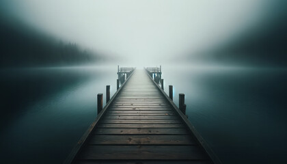 AI-generated image of a wooden dock on a quiet lake.