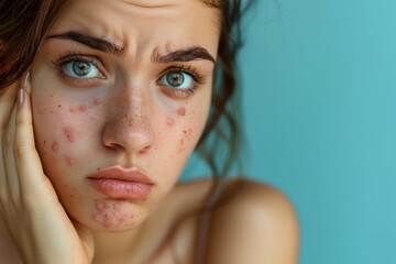 Upset young woman with problem skin looking at the camera, close-up portrait of a Caucasian woman with acne on her face