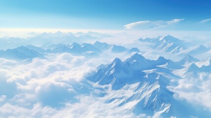 a snow-capped mountain range piercing the clouds, 