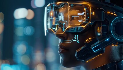 Fototapeta premium A woman is wearing virtual reality goggles and looking at a cityscape by AI generated image