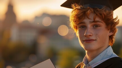 Close-up of young red-haired man in a graduation gown and cap, holding a diploma with pride