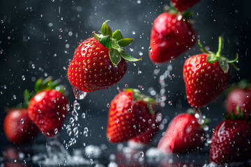 Group of strawberries falling into water