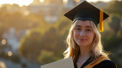 Close-up of a young European blond woman in a graduation gown and cap, holding a diploma with pride