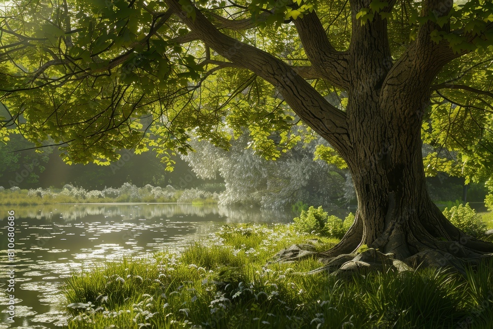 Poster a large tree is in the foreground of a lush green field