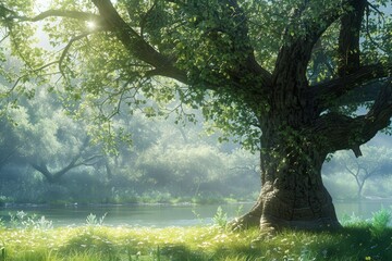 A large tree is in the foreground of a lush green field