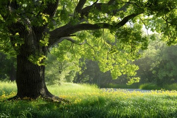 A large tree is in the foreground of a lush green field