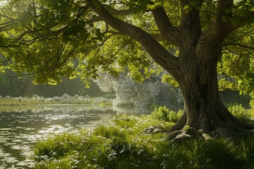 A large tree is in the foreground of a lush green field