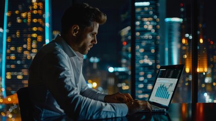 Obraz premium A man works on his laptop, possibly trading or analyzing stock market data