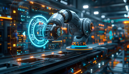 A robot is being built in a factory with a blue and green circle on its head by AI generated image